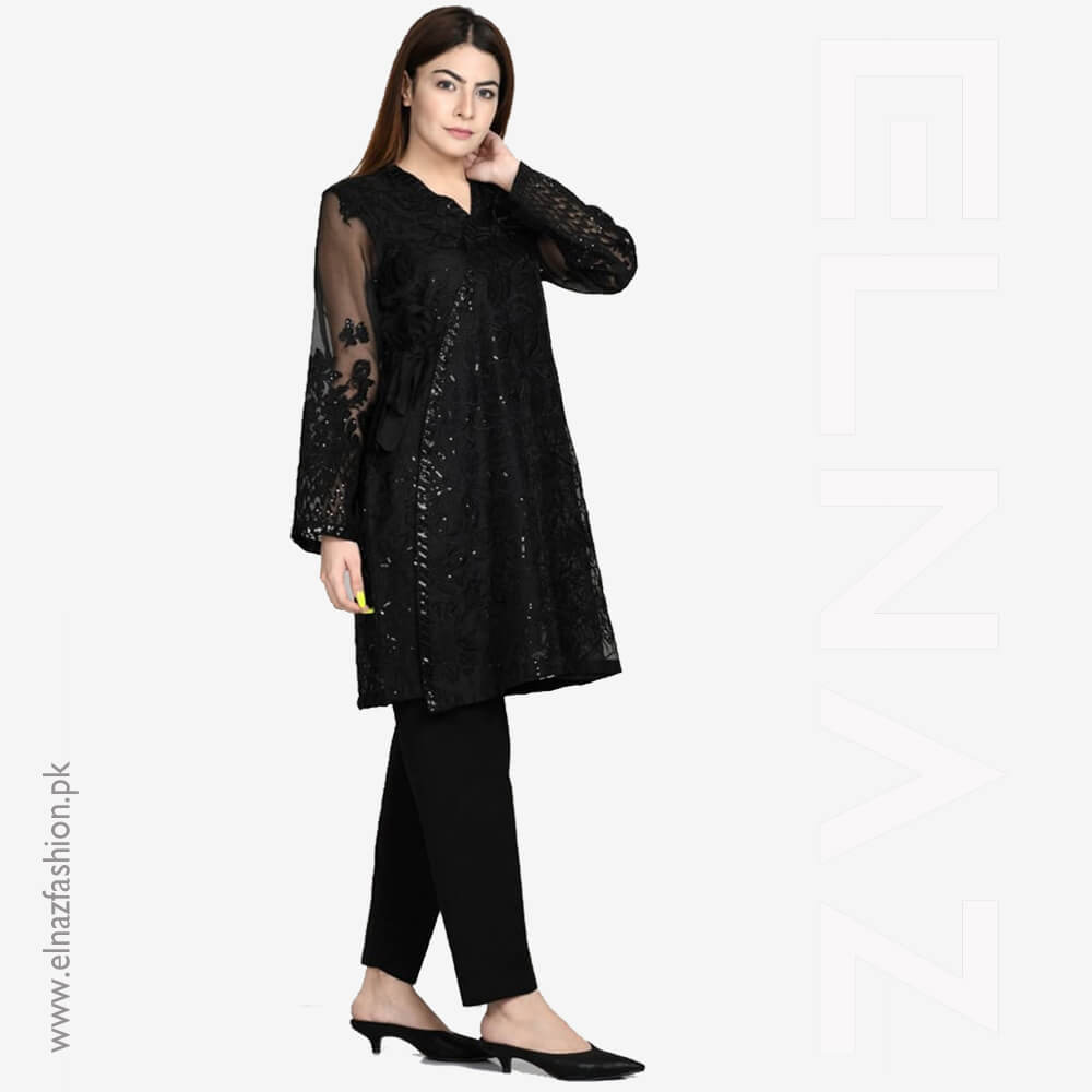 Fancy Andrkha Suit- Black Facy Suit, Elnaz by Needle Crafts Pakistan