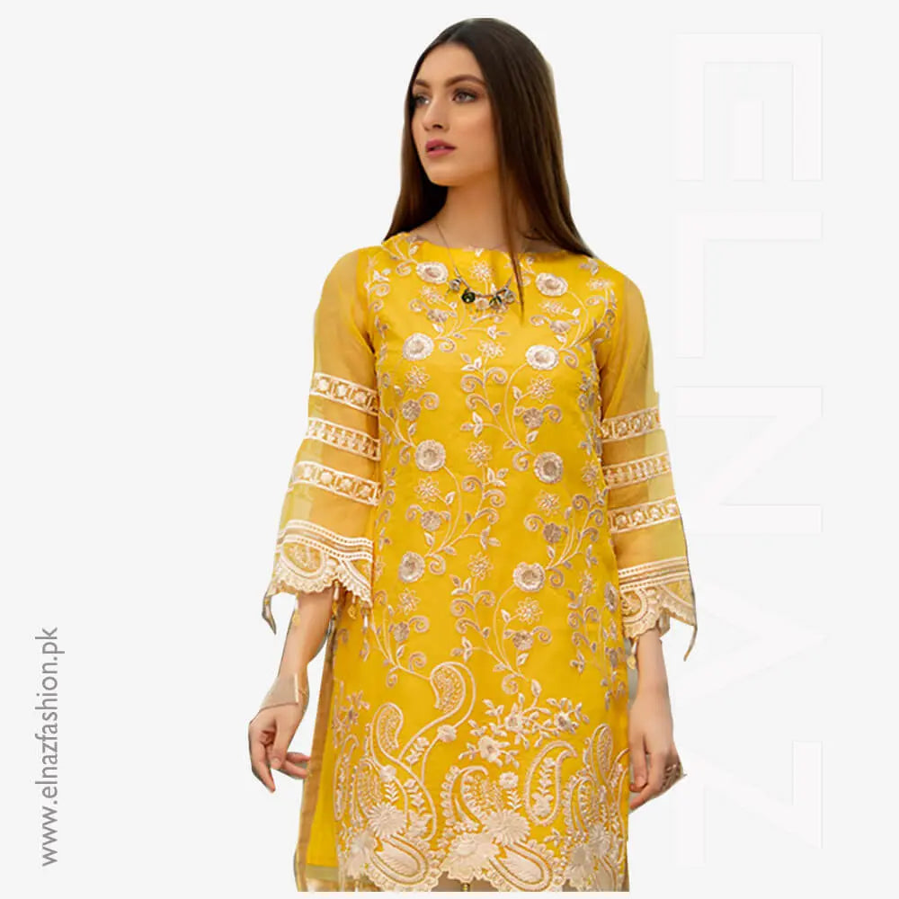 Deep Yellow Fancy Embroidered Shirt-Transparent Sequin ELNAZ FASHION