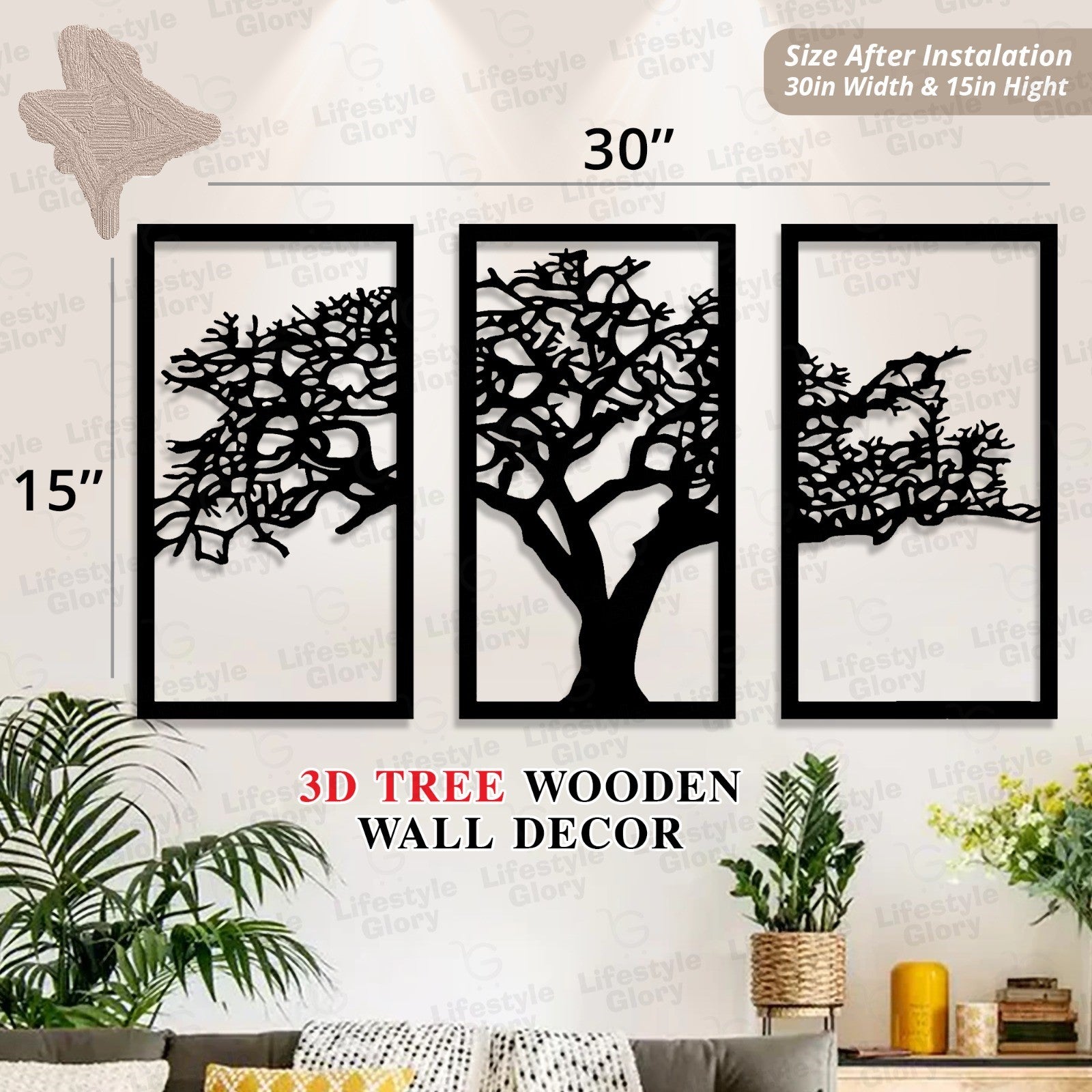 3pec Set Tree Art Wall Hanging Decoration Mdf Wood Material I Marketed by ELNAZ Lifestyle